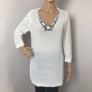 Chico’s V-Neck Tunic Sweater – Jeweled Neckline, 3/4 Sleeves – White – Size 1